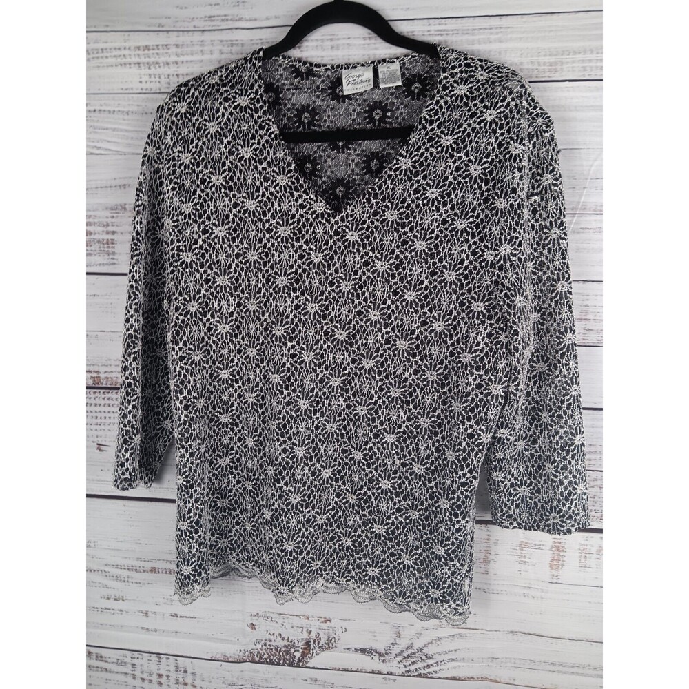 Giorgio Fiorlini  Blouse Woman's X-Large Black White Lace 3/4 Sleeve Floral